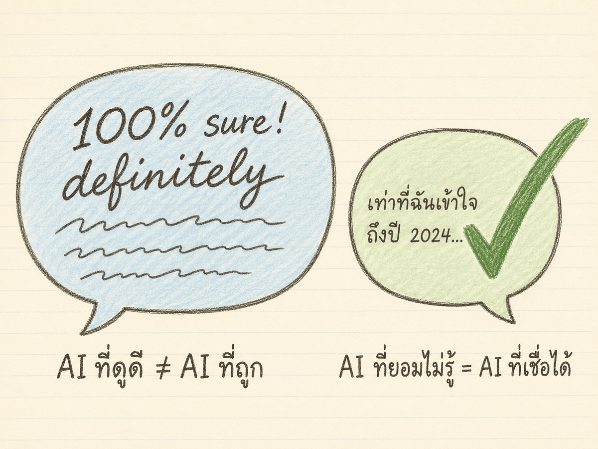 ภาพ 2 บับเบิ้ลคำพูด ฝั่งซ้าย AI ตอบยาวมั่นใจ ฝั่งขวา AI ตอบสั้นแต่ยอมรับว่าไม่รู้ และมี checkmark ที่ฝั่งขวา
