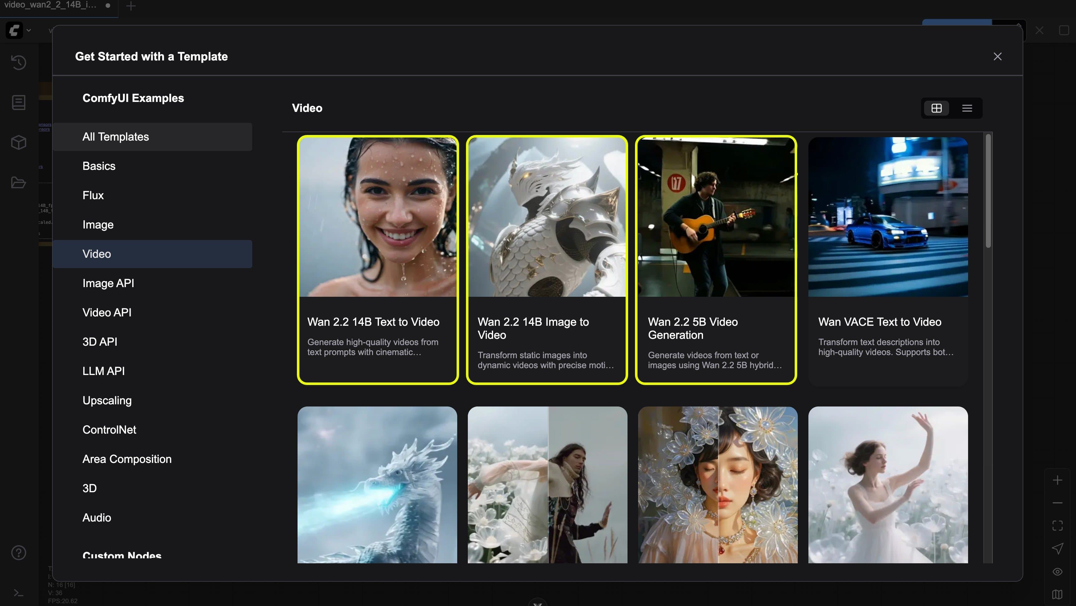 หน้าต่าง Get Started with a Template ของ ComfyUI ที่เปิดหมวด Video