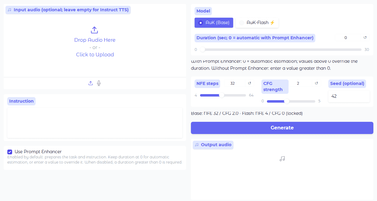 หน้า Space ของ AuK บน Hugging Face มีช่องอัปโหลดเสียง ช่อง Instruction สวิตช์เลือกรุ่น และปุ่ม Generate