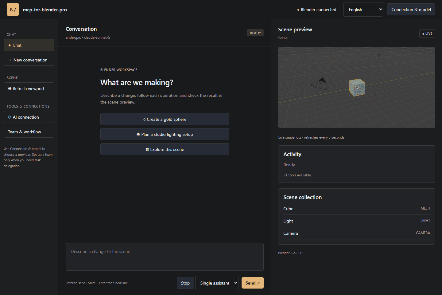 หน้าต่าง Studio ของ mcp-for-blender-pro ที่มีช่องแชตกับภาพฉากอยู่ในจอเดียว