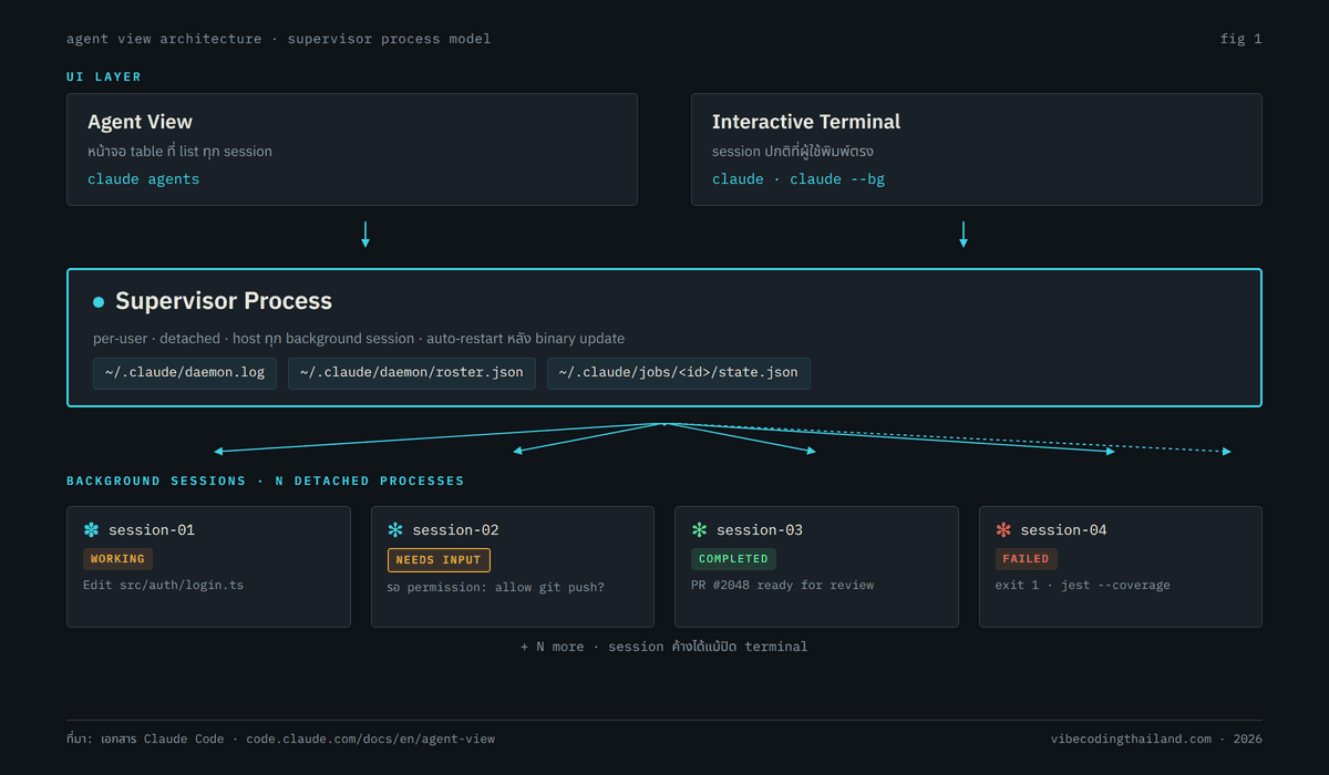 แผนภาพสถาปัตยกรรมแสดงโครงสร้าง supervisor process ที่ดูแล background session หลายตัว โดยแต่ละ session เป็น process แยกกัน และ agent view เป็น UI layer ที่อ่านสถานะจาก supervisor