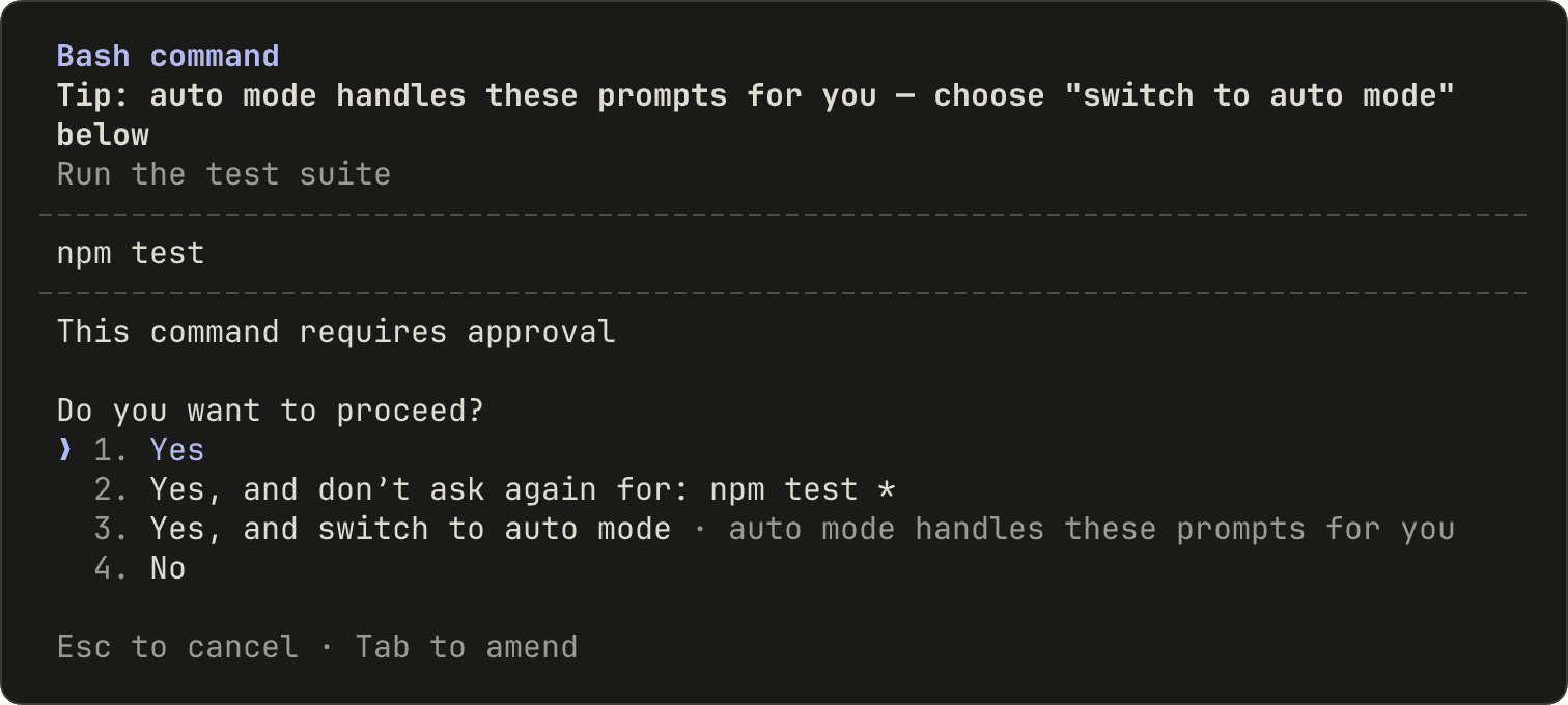 กล่องขออนุญาตของ Claude Code ก่อนรันคำสั่ง npm test