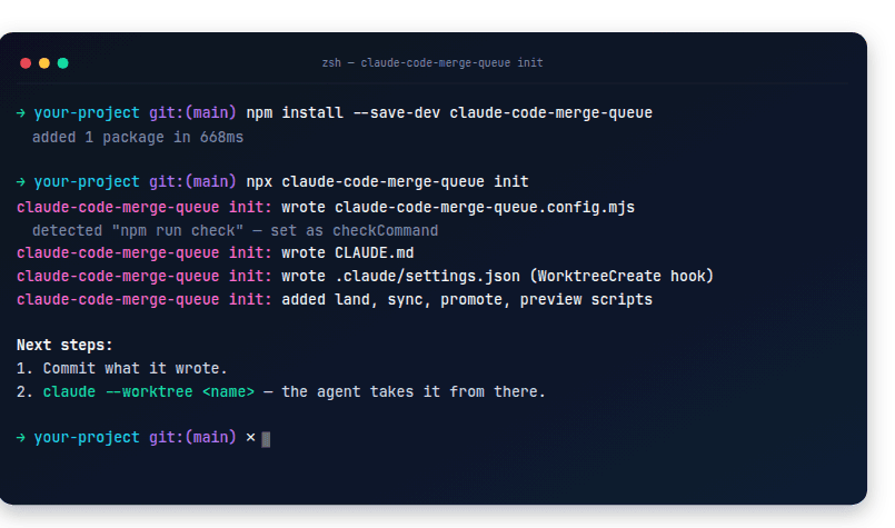 หน้าจอเทอร์มินัลตอนรัน init ของ Claude Code Merge Queue ที่ไล่บอกว่าเขียนไฟล์อะไรไปบ้าง