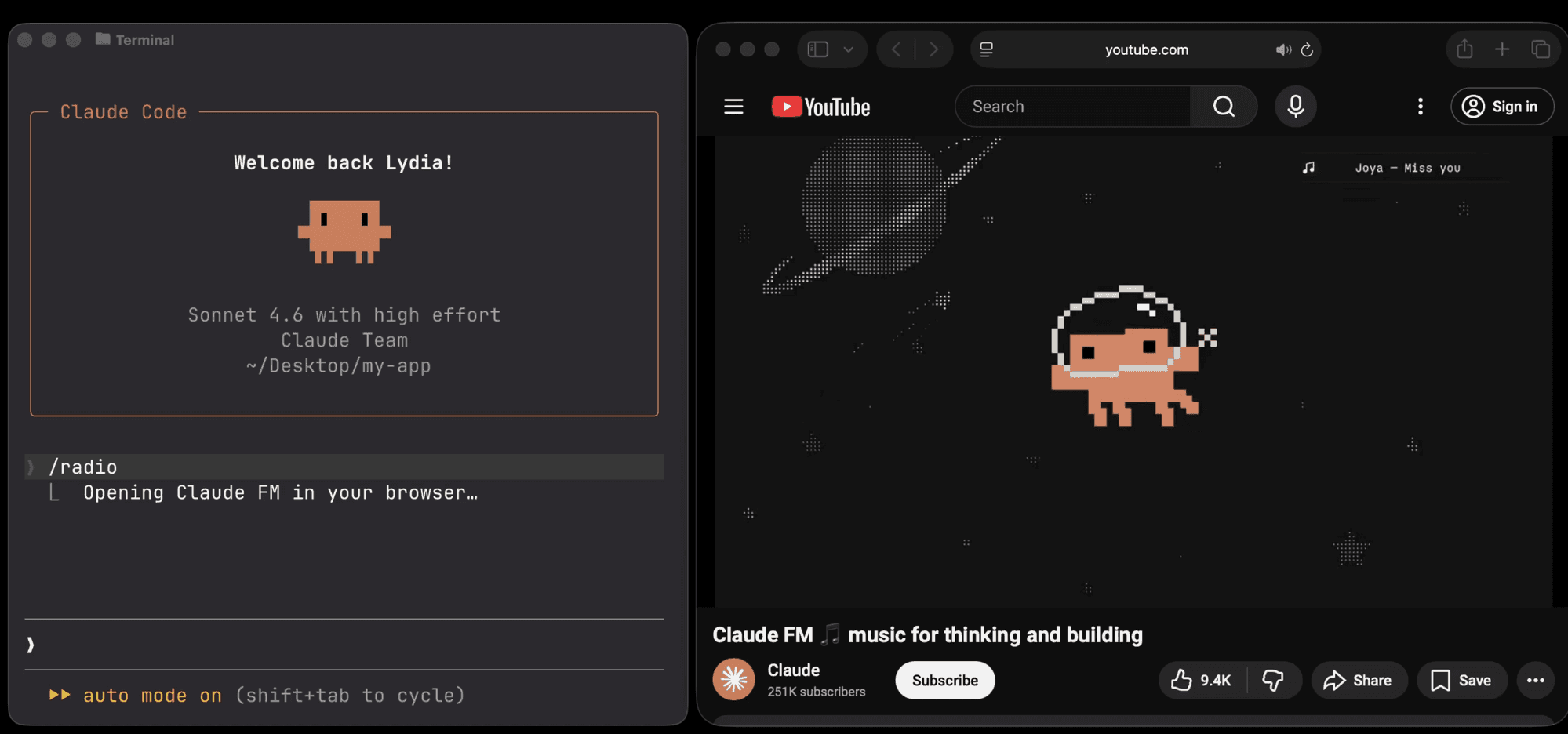 Claude Code terminal เปิดคำสั่ง radio พร้อมช่อง Claude FM บน YouTube
