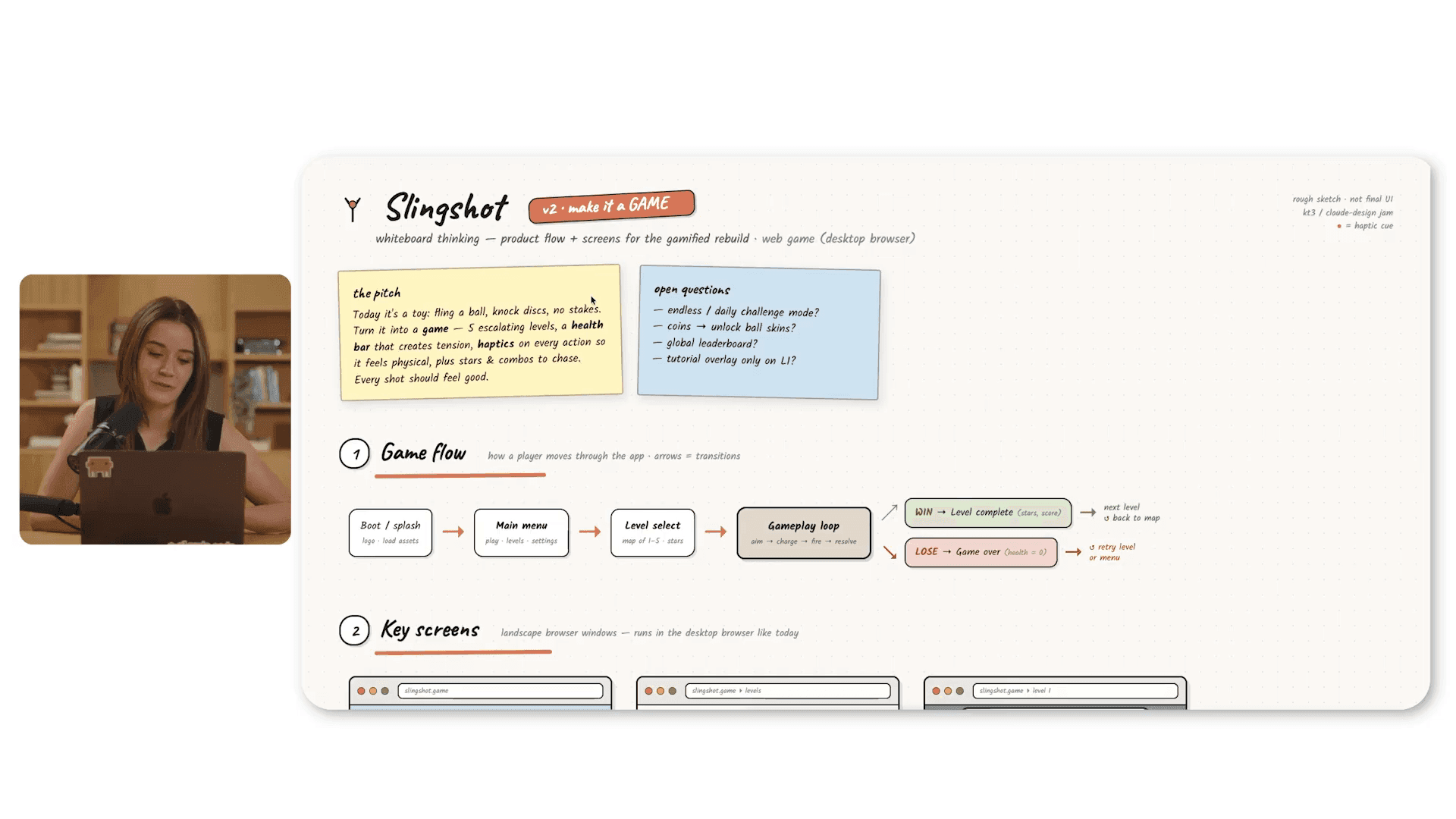 wireframe ของเกมที่ร่างไว้เป็นหน้าเว็บ ไล่ตั้งแต่ลำดับการเล่น เมนูหลัก หน้าเลือกด่าน ไปจนถึงหน้าจบด่าน