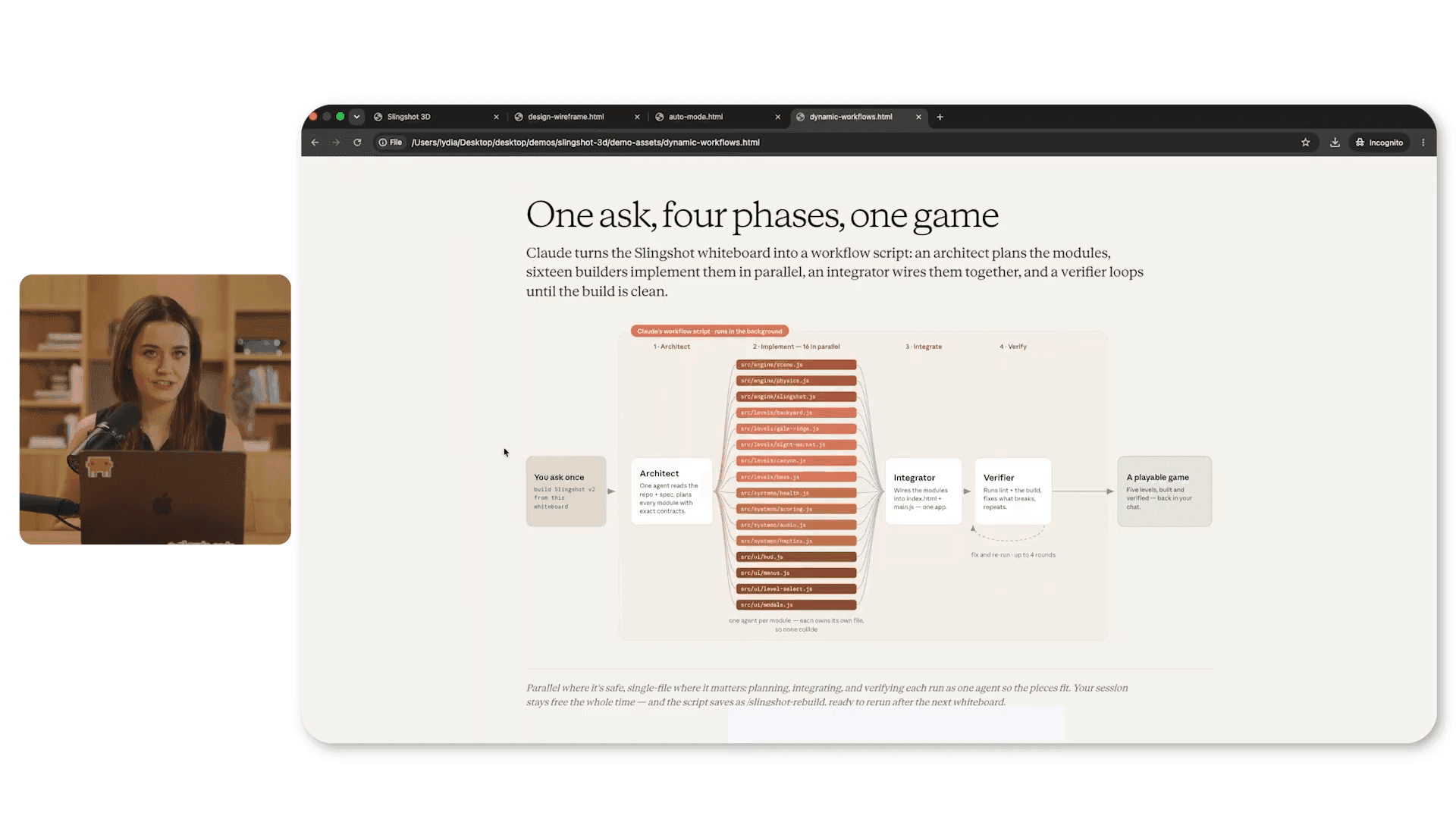 สไลด์ชื่อ One ask four phases one game แสดงผังงานที่แตกจาก agent ผู้วางสถาปัตยกรรม ไปเป็น subagent ฝั่งสร้างหลายตัวที่ทำงานพร้อมกัน แล้วรวบกลับเข้าเฟสรวมงานและเฟสตรวจสอบ