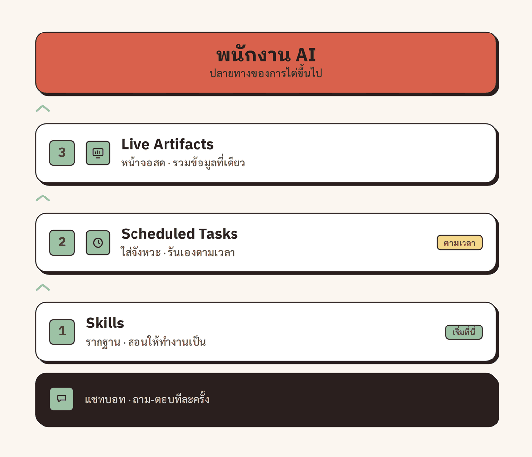 บันไดสามชั้น แสดงขั้น Skills (รากฐาน สอนให้ทำงานเป็น) สู่ Scheduled Tasks (ใส่จังหวะ รันเองตามเวลา) สู่ Live Artifacts (หน้าจอสด รวมข้อมูลที่เดียว) มีลูกศรไล่จาก แชทบอทถามตอบ ที่ฐานล่างขึ้นไปสู่ พนักงาน AI ที่ยอดบน
