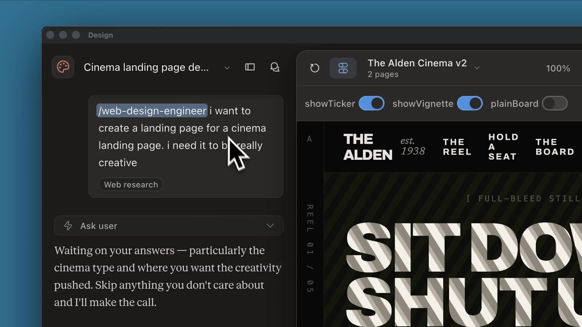 หน้าจอ Claude design ฝั่งซ้ายพิมพ์คำสั่ง /web-design-engineer ฝั่งขวาเป็นหน้าเว็บโรงหนังที่สร้างออกมา