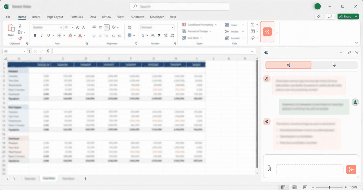 หน้าจอ Excel ที่มีปุ่ม Claude add-in บน ribbon ด้านบน และหน้าต่างแชทเปิดอยู่ทางขวา พร้อมตัวเลือกโมเดล Opus/Sonnet เพื่อสื่อว่า add-in ฝังอยู่ในตัว Excel โดยตรง ไม่ใช่เครื่องมือแยก อ้างอิงข้อมูลจากช่อง Ali H. Salem