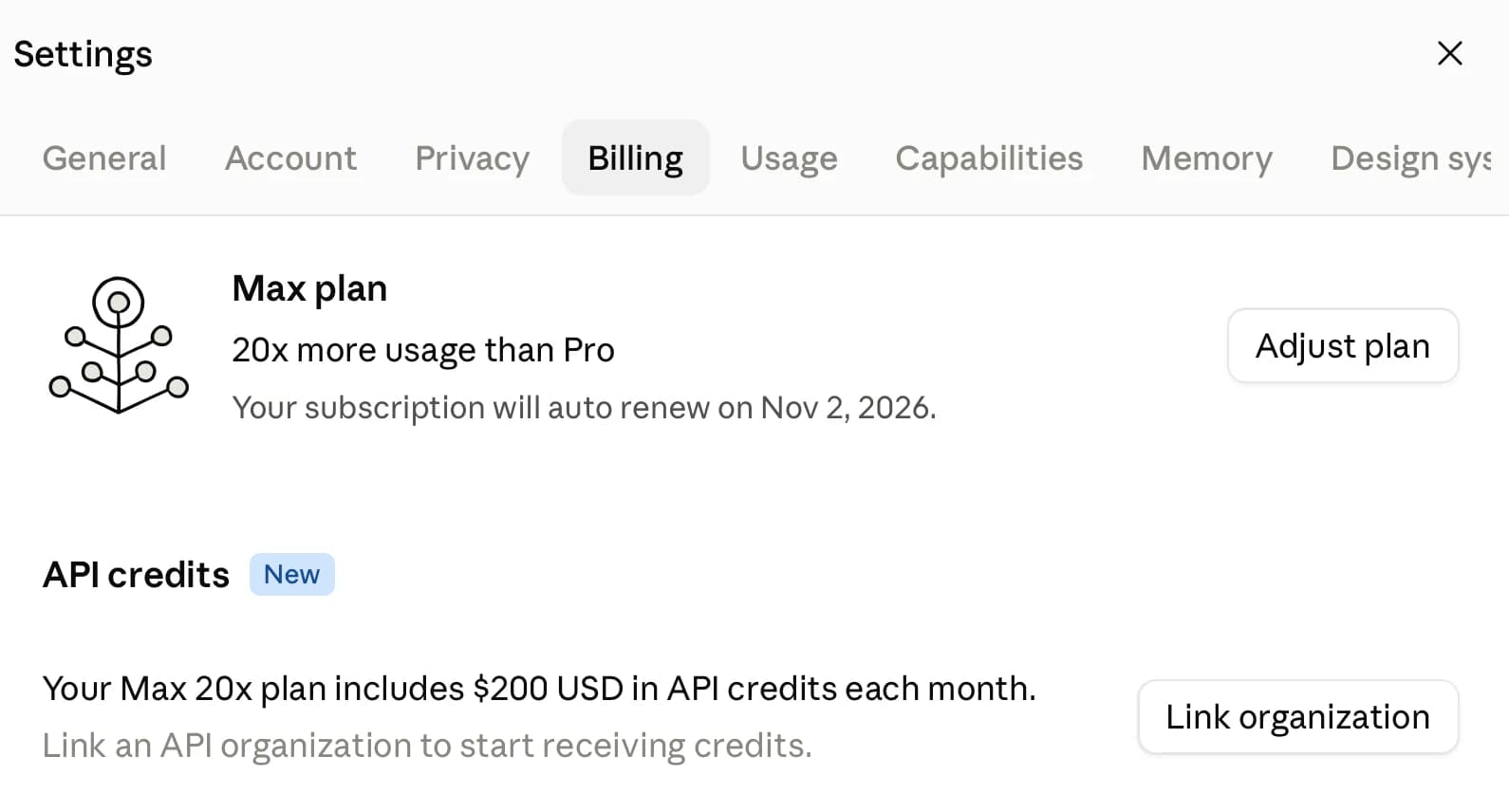 หน้า Settings ของ claude.ai ที่แท็บ Billing มีส่วน API credits และปุ่ม Link organization