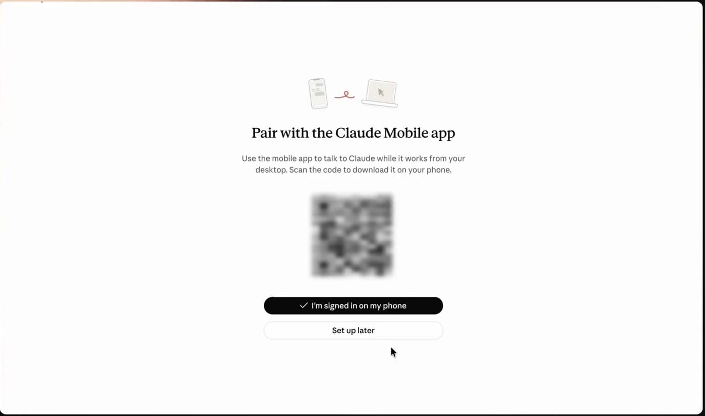 หน้าจอจับคู่แอป Claude บนมือถือกับคอมพิวเตอร์ด้วย QR code