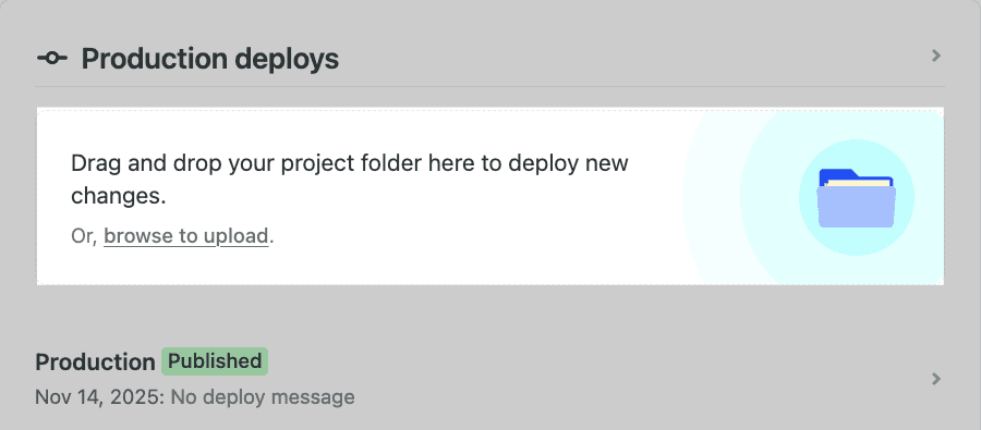 ช่อง Production deploys ในหน้าโปรเจกต์ของ Netlify สำหรับลากโฟลเดอร์ใหม่ไปวาง