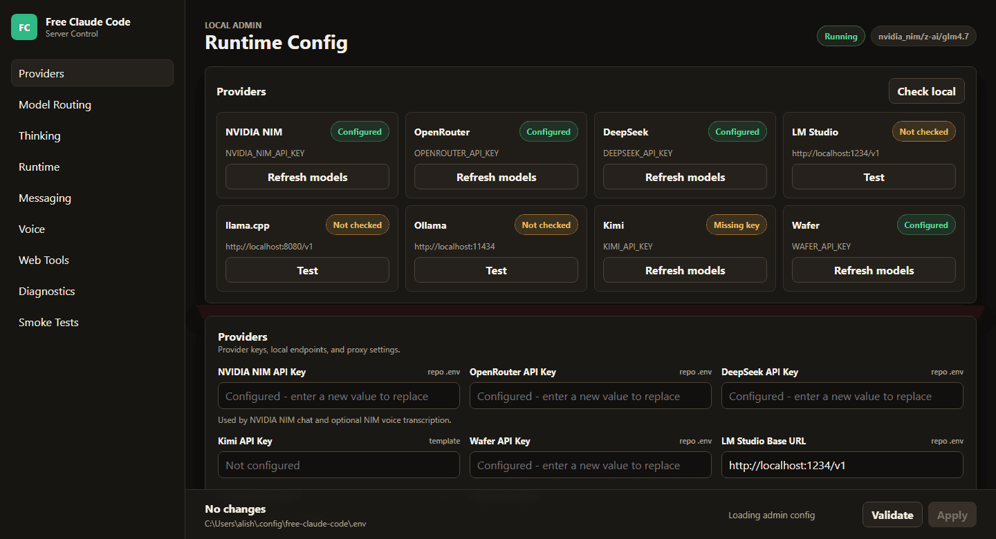 หน้า Admin UI ของ Free Claude Code แสดงการ์ดผู้ให้บริการหลายเจ้าพร้อมสถานะและช่องใส่ API key ด้านล่าง