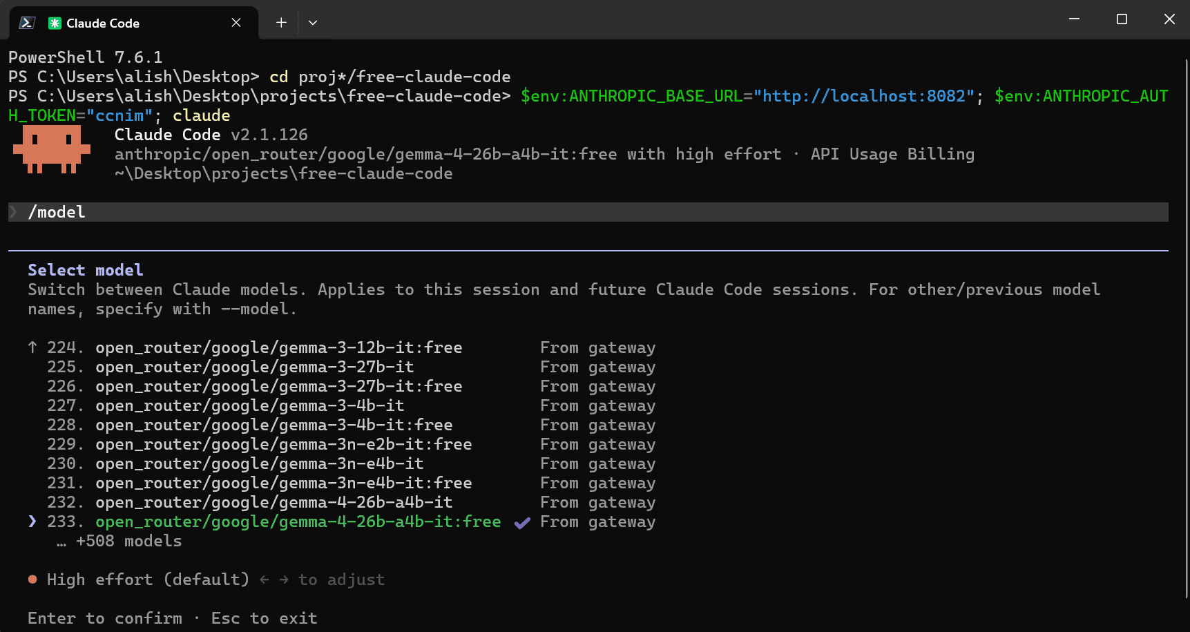 Claude Code เปิดอยู่ใน terminal และแสดงรายการโมเดลให้เลือกยาวหลายร้อยรายการ