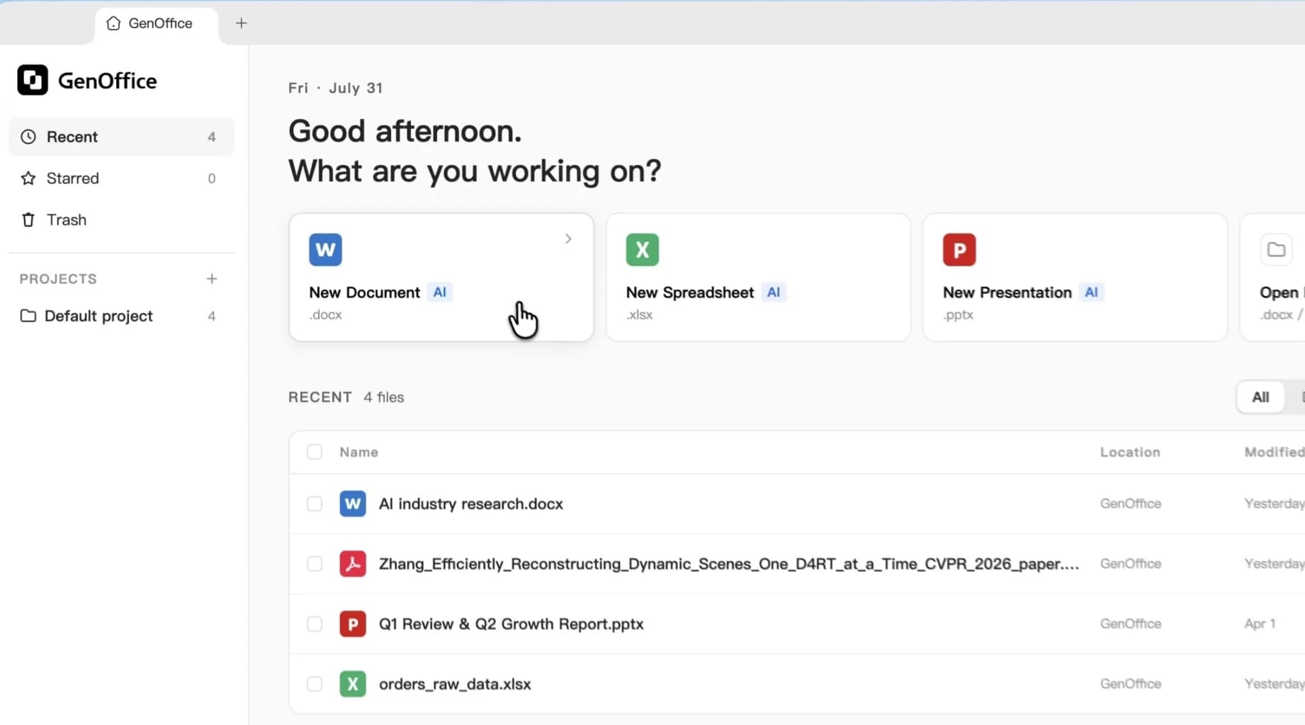 หน้าหลักของ GenOffice มีปุ่มสร้างเอกสาร สเปรดชีต และสไลด์ใหม่ กับรายการไฟล์ที่เพิ่งใช้ด้านล่าง