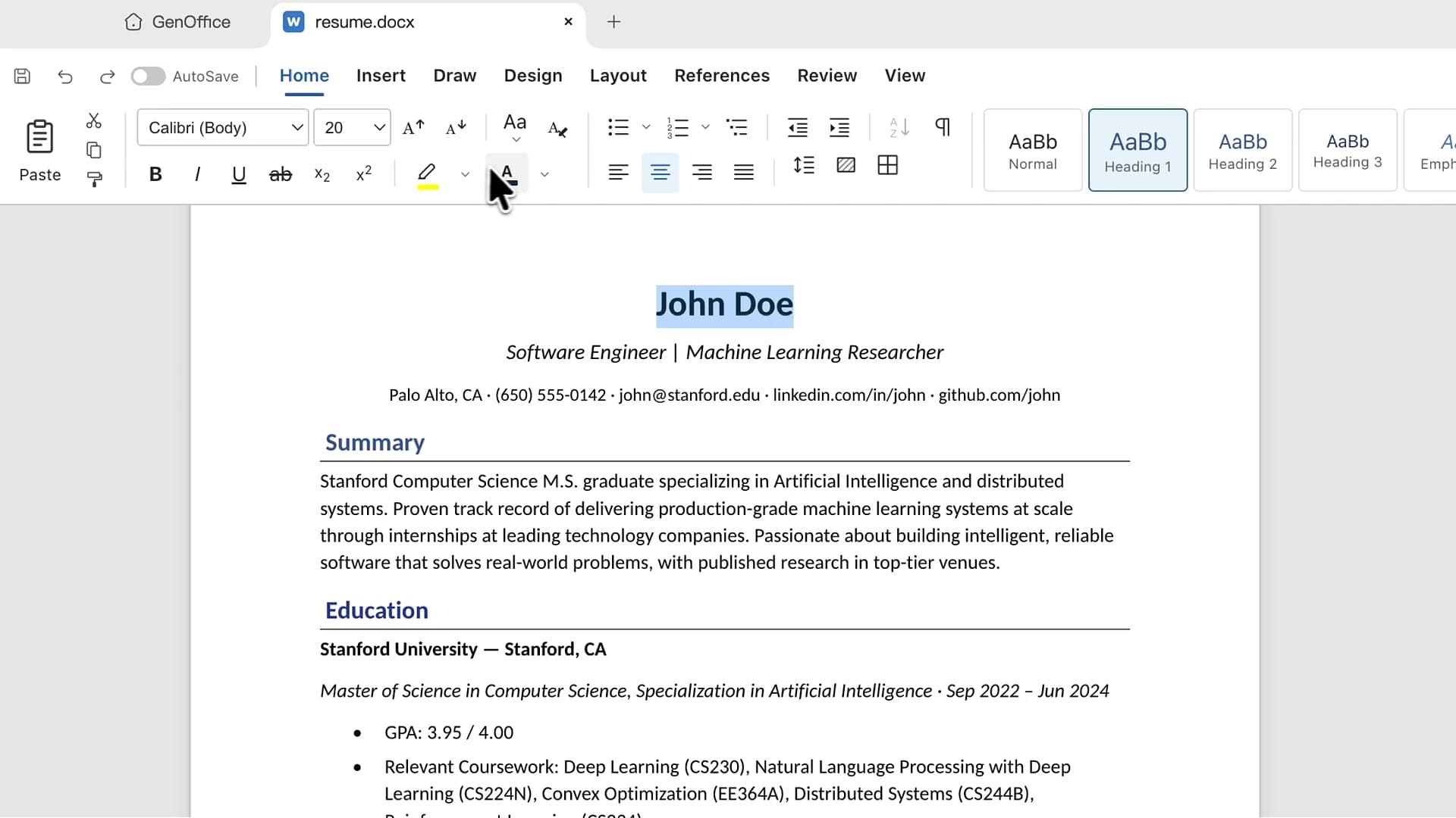 ไฟล์เรซูเม่ .docx เปิดอยู่ในตัวทำเอกสารของ GenOffice พร้อมแถบเครื่องมือด้านบนและหน้ากระดาษแบบแบ่งหน้า