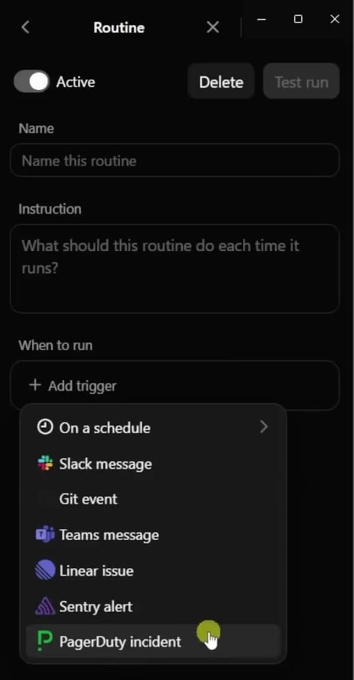 หน้าจอตั้งค่า routine ของ Grok Bot มีช่องพิมพ์คำสั่งและรายการเหตุการณ์ให้เลือกว่าจะใช้อะไรเริ่มงาน