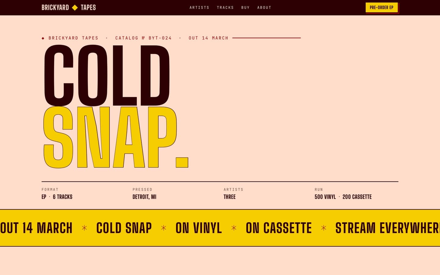 หน้าเว็บ Cold Snap ที่ Hallmark สร้าง เป็นหน้าค่ายเพลงตัวอักษรใหญ่สีเหลืองบนพื้นชมพูอ่อน