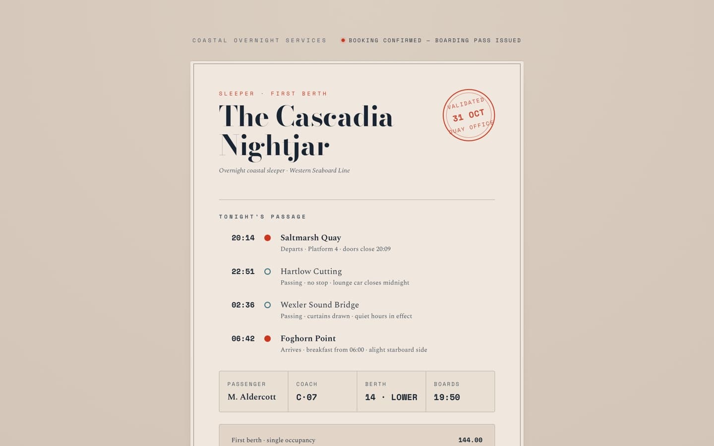 หน้าเว็บ The Cascadia Nightjar ที่ทำออกมาเป็นตั๋วรถไฟ มีเวลาจอดแต่ละสถานีเรียงลงมาและมีตราประทับมุมบน