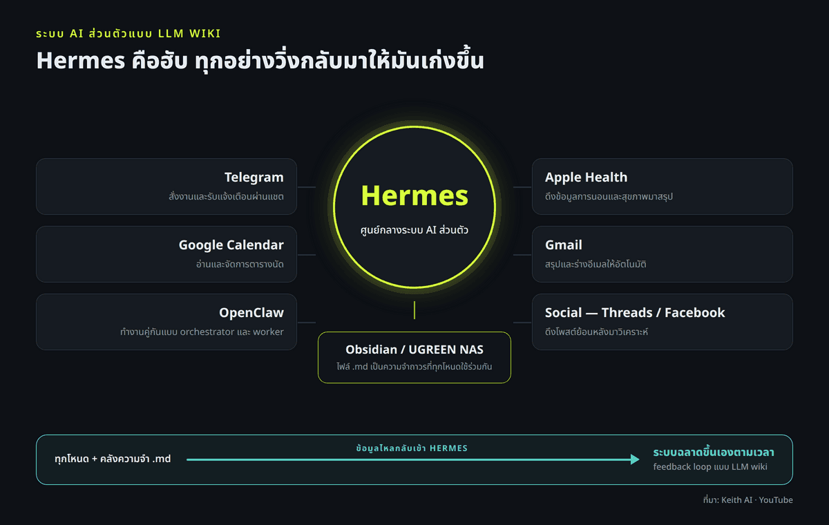 แผนภาพสถาปัตยกรรมระบบที่มี Hermes เป็นศูนย์กลาง เชื่อมต่อไปยัง Telegram, Apple Health, Google Calendar, Gmail, Social Media, OpenClaw และ Obsidian บน NAS เพื่อทำหน้าที่เป็น Shared Knowledge Vault โดยมีลูกศรสะท้อนข้อมูลกลับสู่ Hermes ให้ระบบฉลาดขึ้นเรื่อยๆ ตามแนวคิด LLM wiki