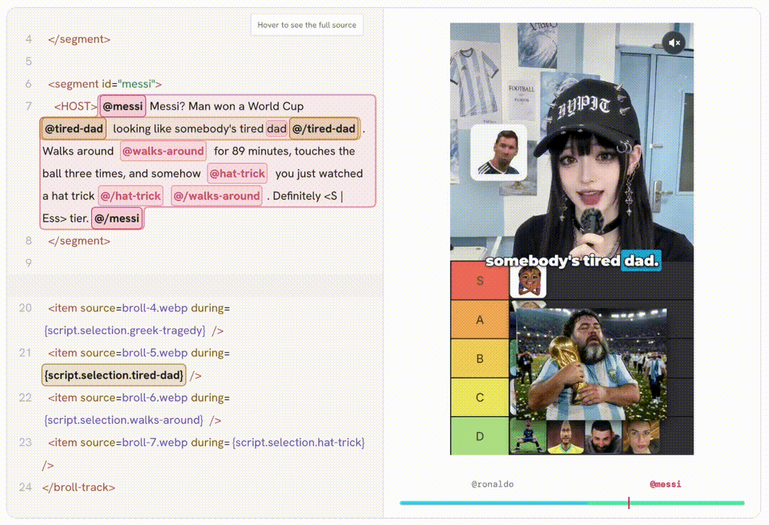 ไฟล์ workflow ของ Hypit ฝั่งซ้าย วางคู่กับคลิปที่เรนเดอร์ออกมาฝั่งขวา