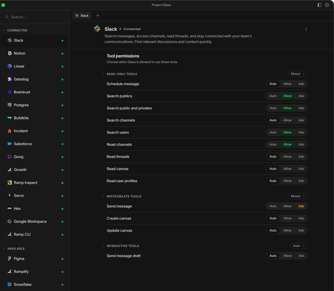 หน้าจอ connectors ของ Glass มีรายชื่อระบบภายในที่ต่อไว้เรียงอยู่ฝั่งซ้าย