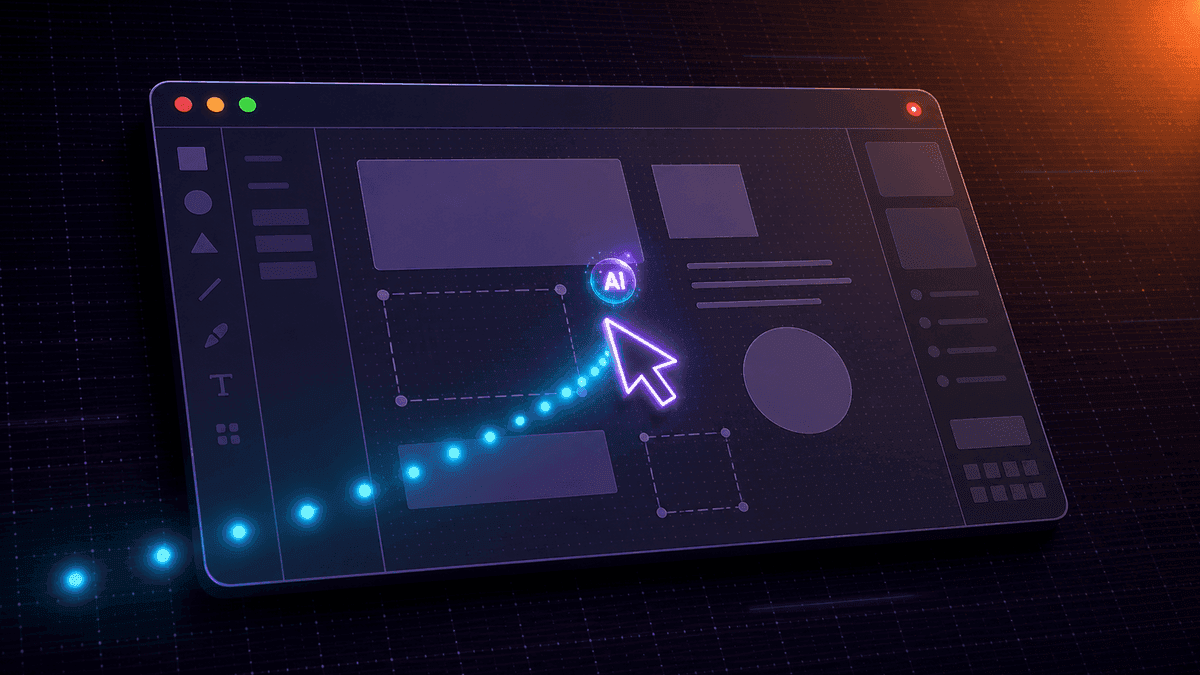 ภาพประกอบ browser use / computer use แสดง agent คุม mouse ใน UI ของ Canva หรือ browser พร้อม overlay ลูกศรชี้ตำแหน่ง mouse