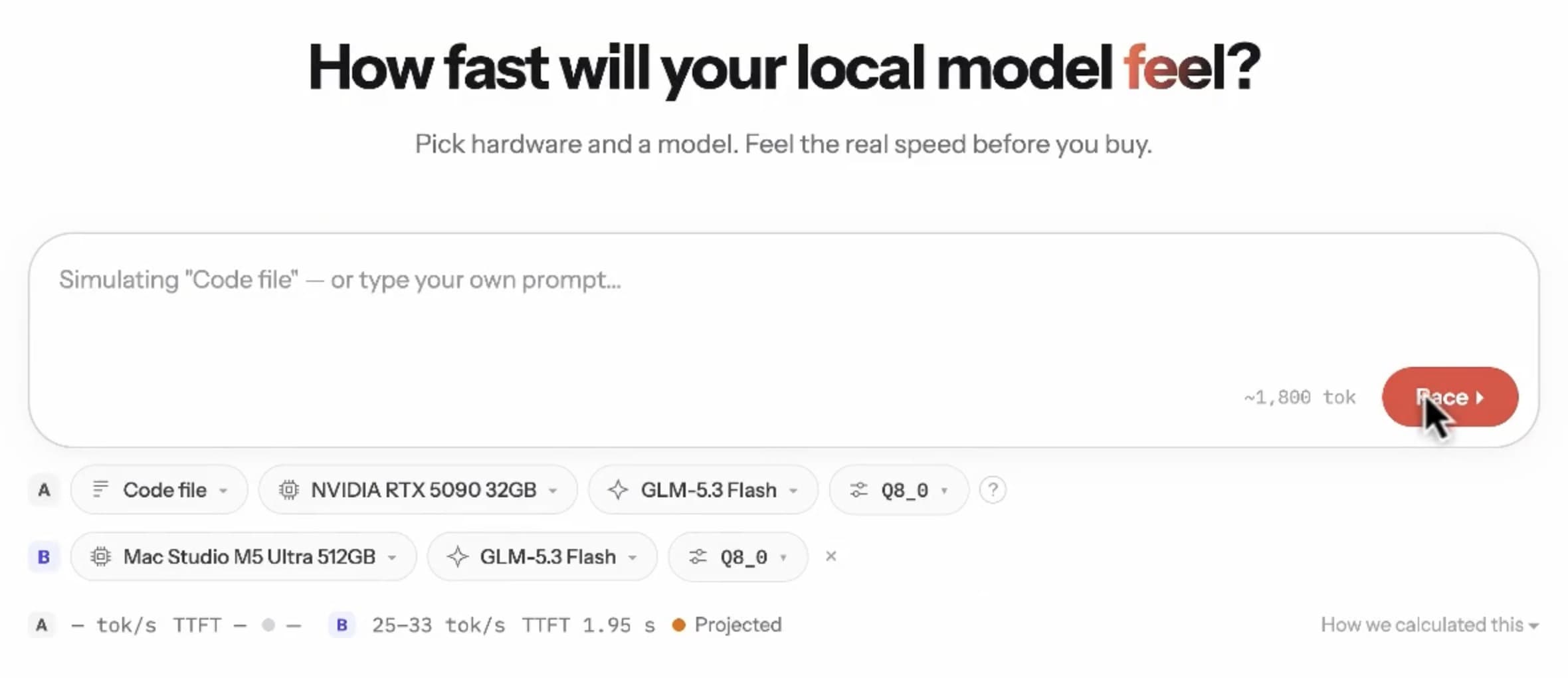 หน้าจอ Llmspeed ในโหมด Race ตั้งสองเครื่องเป็นแถว A กับ B