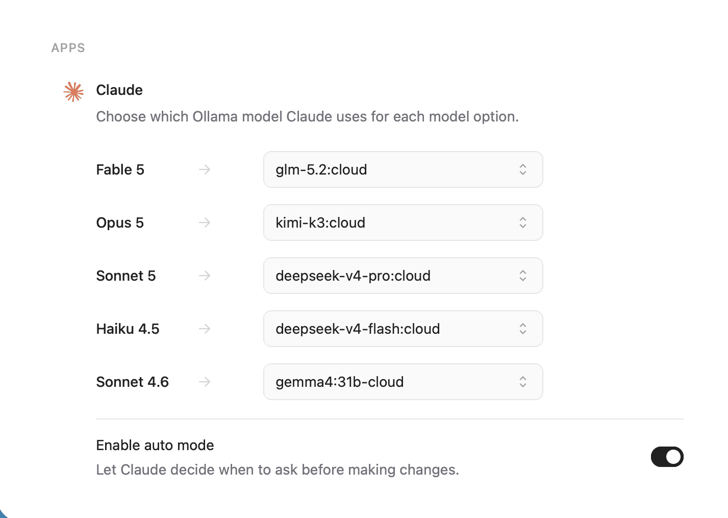 หน้า Settings ของ Claude ใน Ollama ที่จับคู่โมเดลแต่ละช่องกับโมเดลใน Ollama