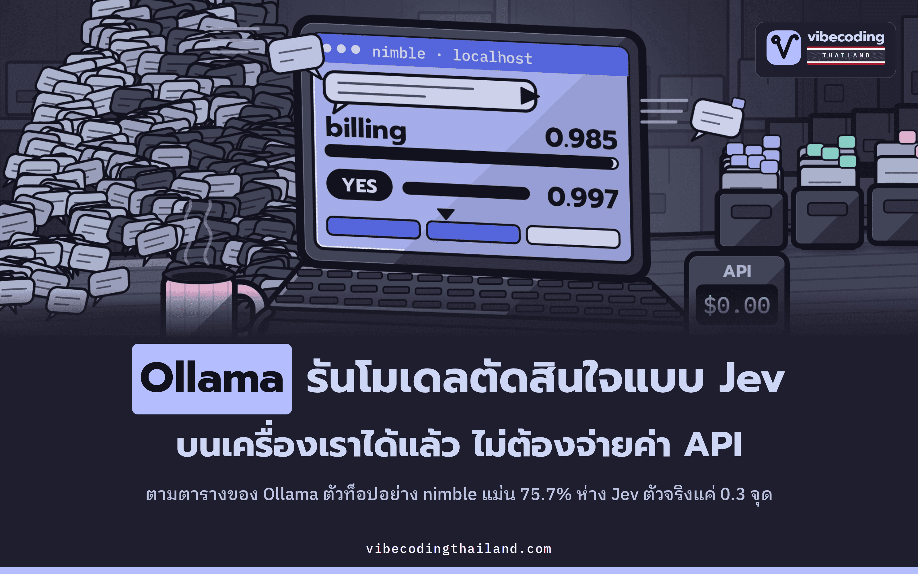 Ollama 0.35 รันโมเดลตัดสินใจแบบ Jev บนเครื่องเราได้แล้ว ไม่เสียค่าใช้จ่ายต่อครั้ง และตามตารางของ Ollama ตัวท็อปอย่าง nimble แม่นยำ 75.7% ใกล้เคียง Jev ตัวจริงที่ 76.0%