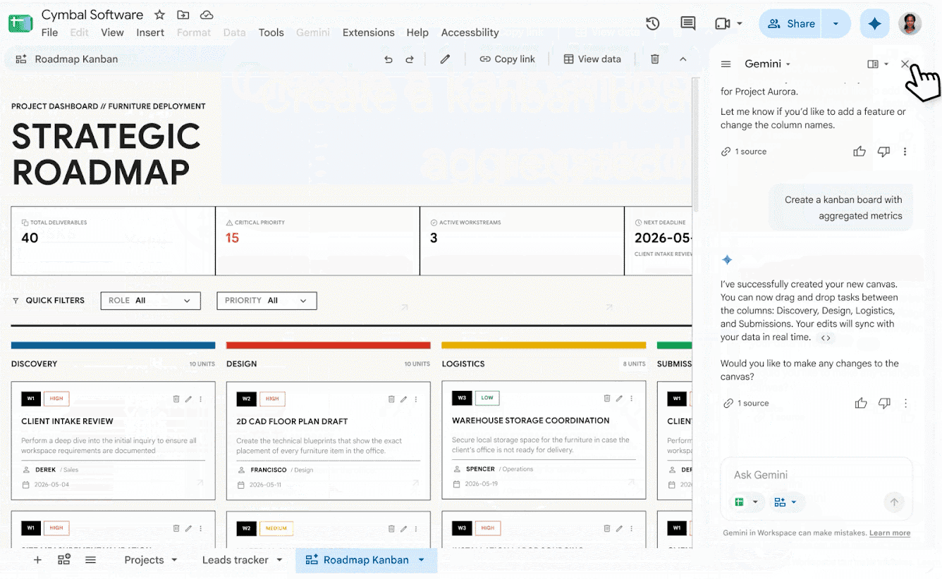 หน้าจอ Google Sheets ที่เปิดแท็บ canvas เป็นบอร์ดการ์ดงาน และมีแผงพิมพ์สั่ง Gemini อยู่ด้านขวา