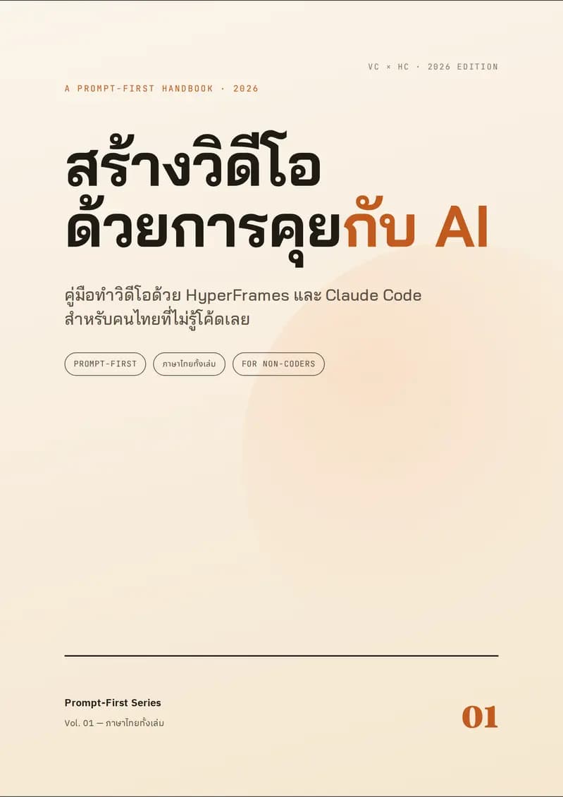 ปกหนังสือ Prompt-First Video: สร้างวิดีโอด้วย HyperFrames + Claude Code