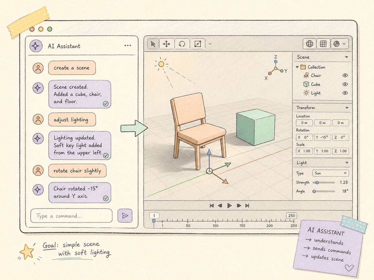 ตัวอย่างการใช้ Claude คุยกับ Blender ผ่าน connector ที่หน้าแชตเดียวกัน