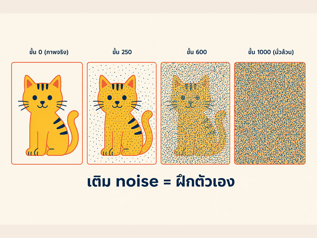 ภาพแสดง forward noising 4 ขั้น เริ่มจากภาพแมวชัด ค่อยๆ ถูกเติม noise จนกลายเป็นจุดมั่วล้วน