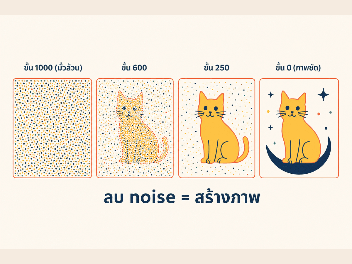 ภาพแสดง reverse denoising 4 ขั้น เริ่มจากจุดมั่วล้วน ค่อยๆ ลบ noise ออกจนเห็นภาพแมวชัด
