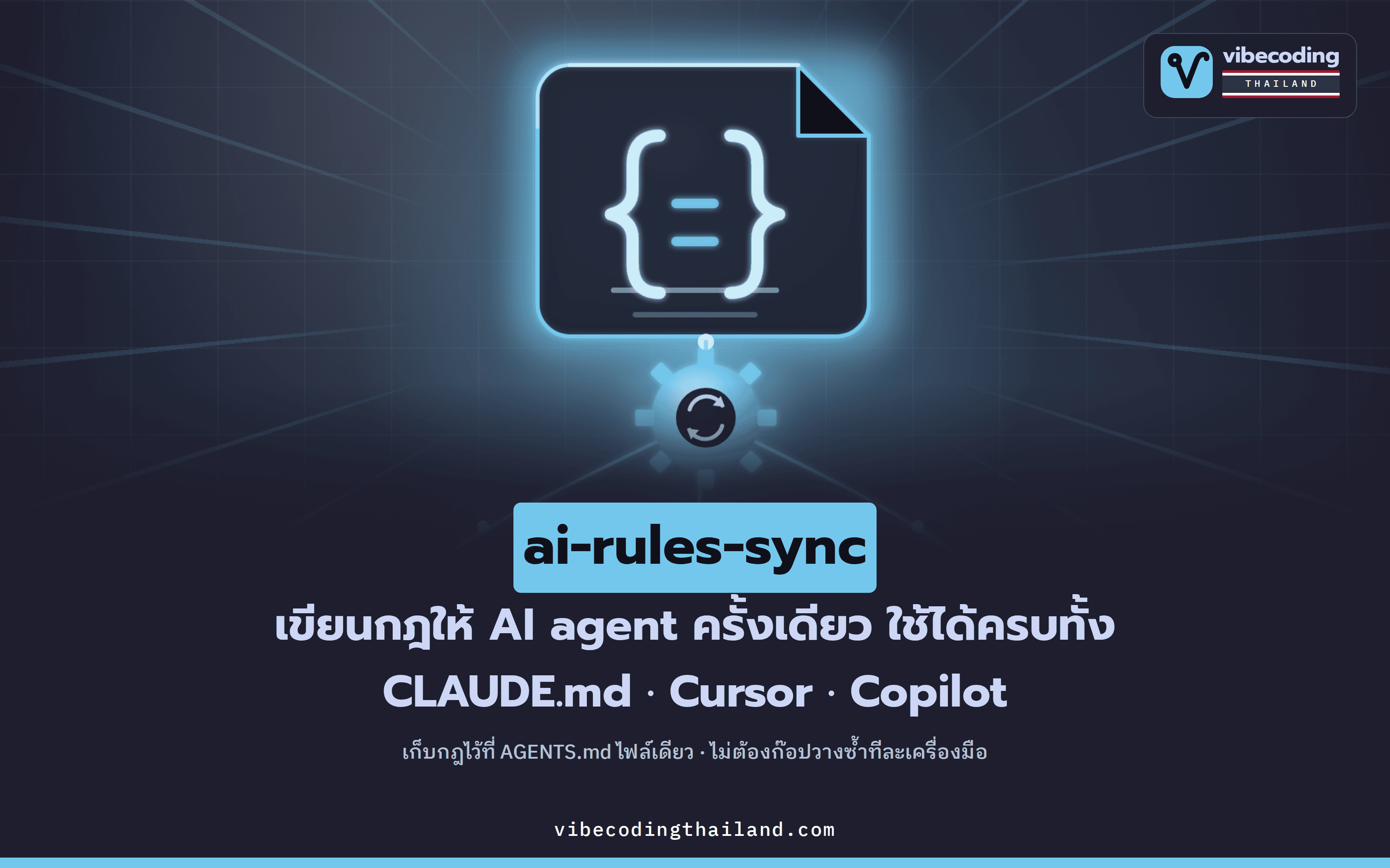 ai-rules-sync เขียนกฎ AI agent ครั้งเดียวใน AGENTS.md แล้วซิงก์เป็น CLAUDE.md · .cursorrules · copilot ให้เอง