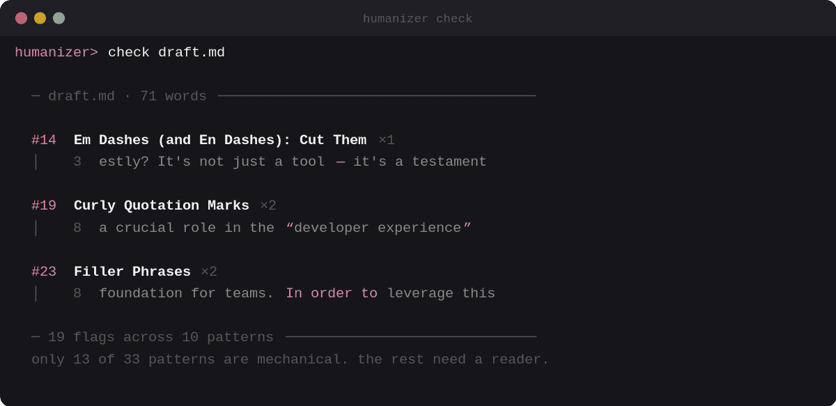 ผลการสแกนร่างของ humanizer-cli แสดงเลขข้อ จำนวนครั้ง และข้อความที่ตรงกับกฎ