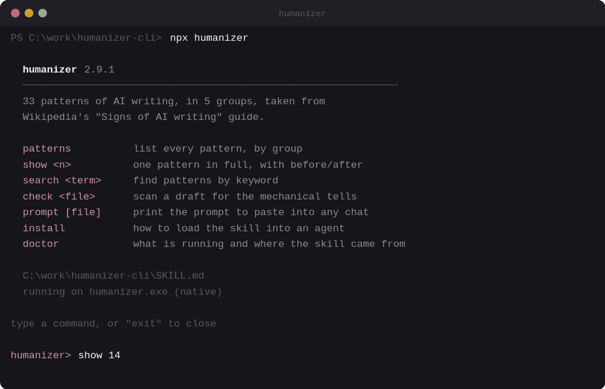 หน้าจอ humanizer-cli แสดงรายการคำสั่งทั้งหมดพร้อมคำอธิบาย