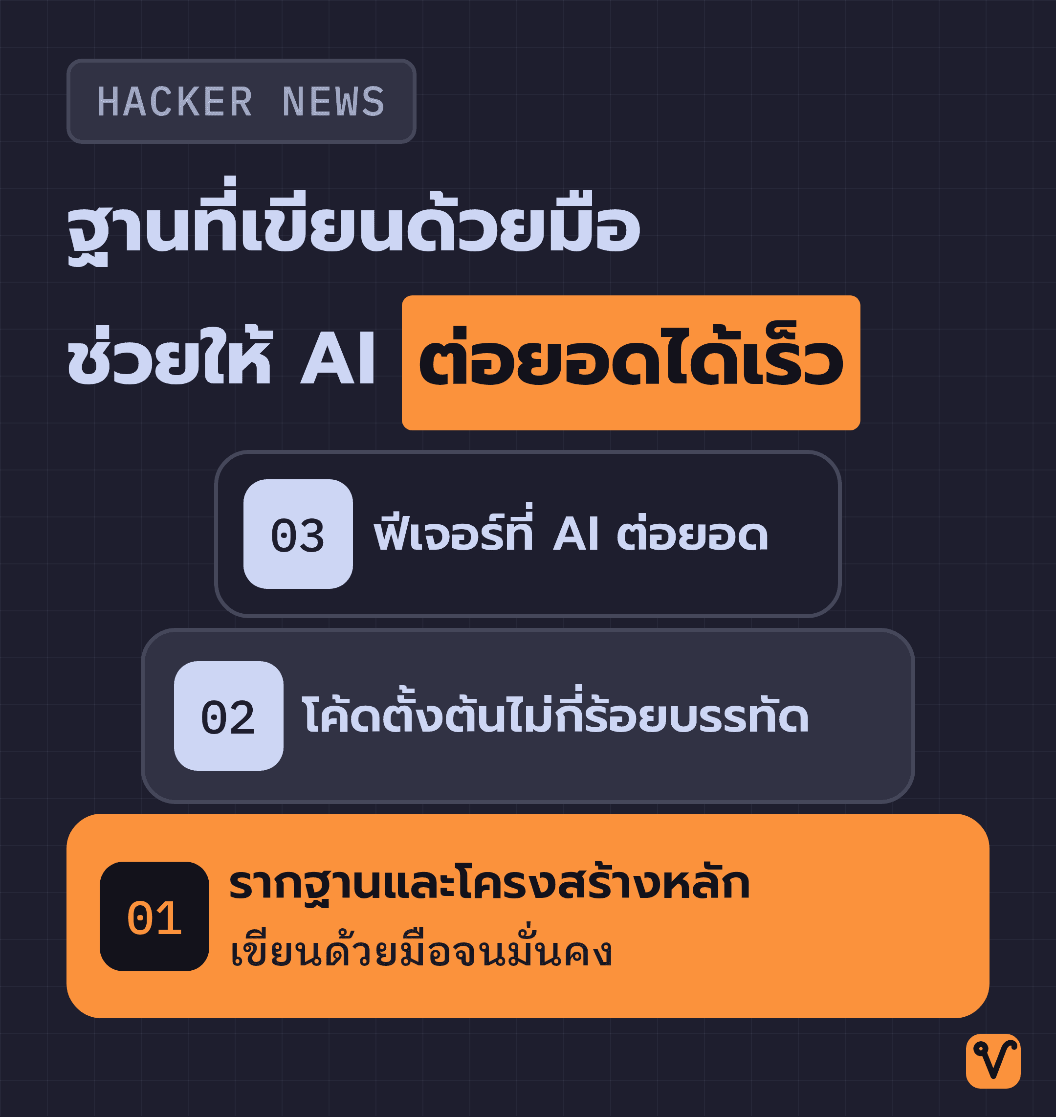 แผนภาพแบบแบ่งชั้น ชั้นล่างสุดเป็นรากฐานที่เขียนด้วยมือ ส่วนชั้นบนเป็นโค้ดตั้งต้นและฟีเจอร์ที่ AI ต่อยอด