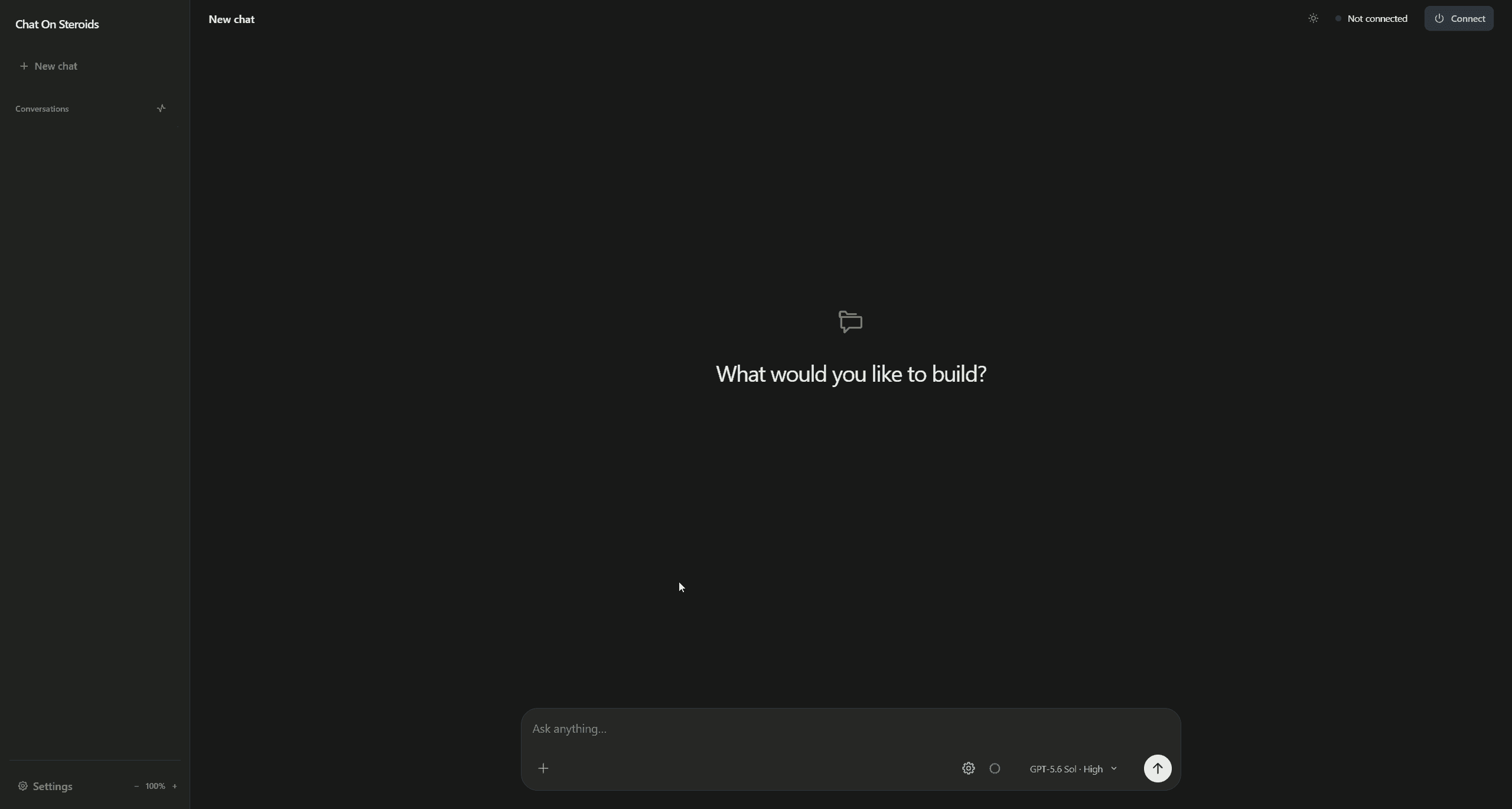 หน้าแรกของแอป chat-on-steroids ก่อนเชื่อมต่อ มีช่องพิมพ์งานและตัวเลือกโมเดลอยู่ด้านล่าง