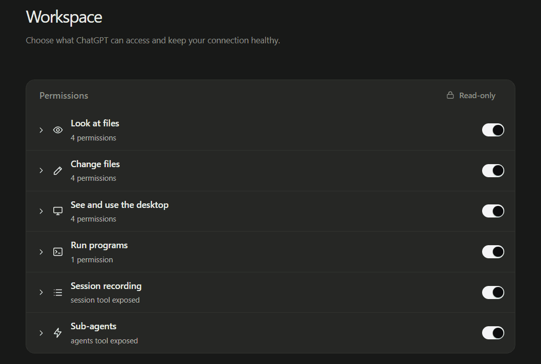 แผงสิทธิ์ในหน้า Workspace ของ chat-on-steroids ที่แยกสวิตช์ตามหมวด และมีตัวเลือก Read-only อยู่มุมขวาบน