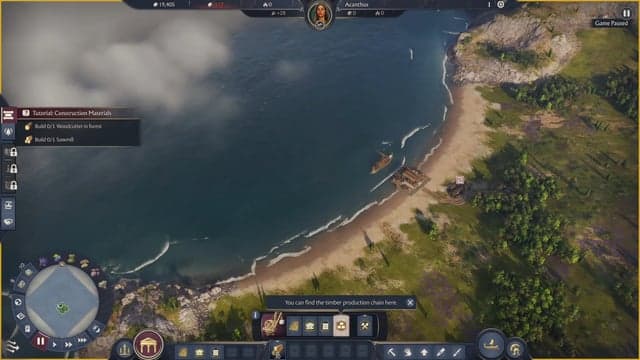 หน้าจอเกม Anno 117: Pax Romana ช่วงเริ่มต้น มีชายฝั่ง เรือ และท่าเรือเล็กๆ