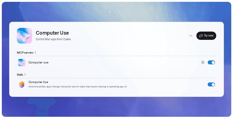 หน้า plugin Computer Use ในแอป ChatGPT มีสวิตช์ของ server และ skill พร้อมปุ่ม Try now