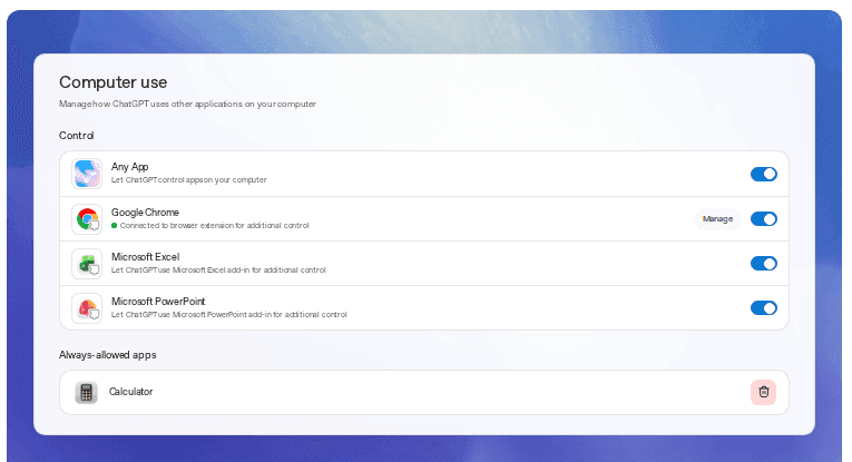หน้า Settings > Computer use แสดงรายการแอปที่ควบคุมได้ และส่วน Always-allowed apps