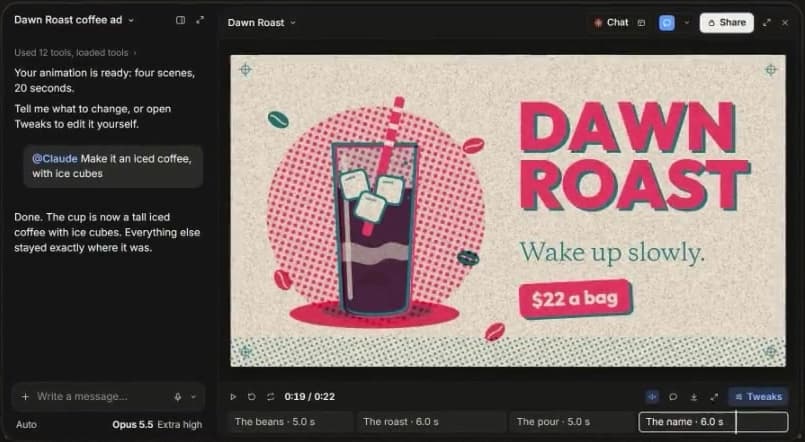 คลิปโฆษณา Dawn Roast หลังแก้ เป็นแก้วกาแฟเย็นใส่น้ำแข็งพร้อมราคา 22 ดอลลาร์ และมีแชตที่สั่งแก้อยู่ด้านซ้าย