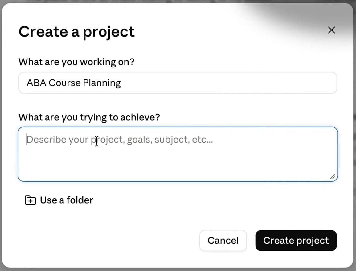 หน้าต่าง Create a project ของ Claude ที่มีบรรทัด Use a folder ให้เลือกโฟลเดอร์ในเครื่อง