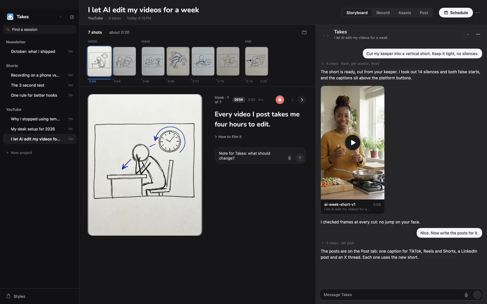 หน้า Storyboard ของ Takes ที่เรียงช็อตเป็นแถว พร้อมภาพร่างและบทพูดของช็อตแรก