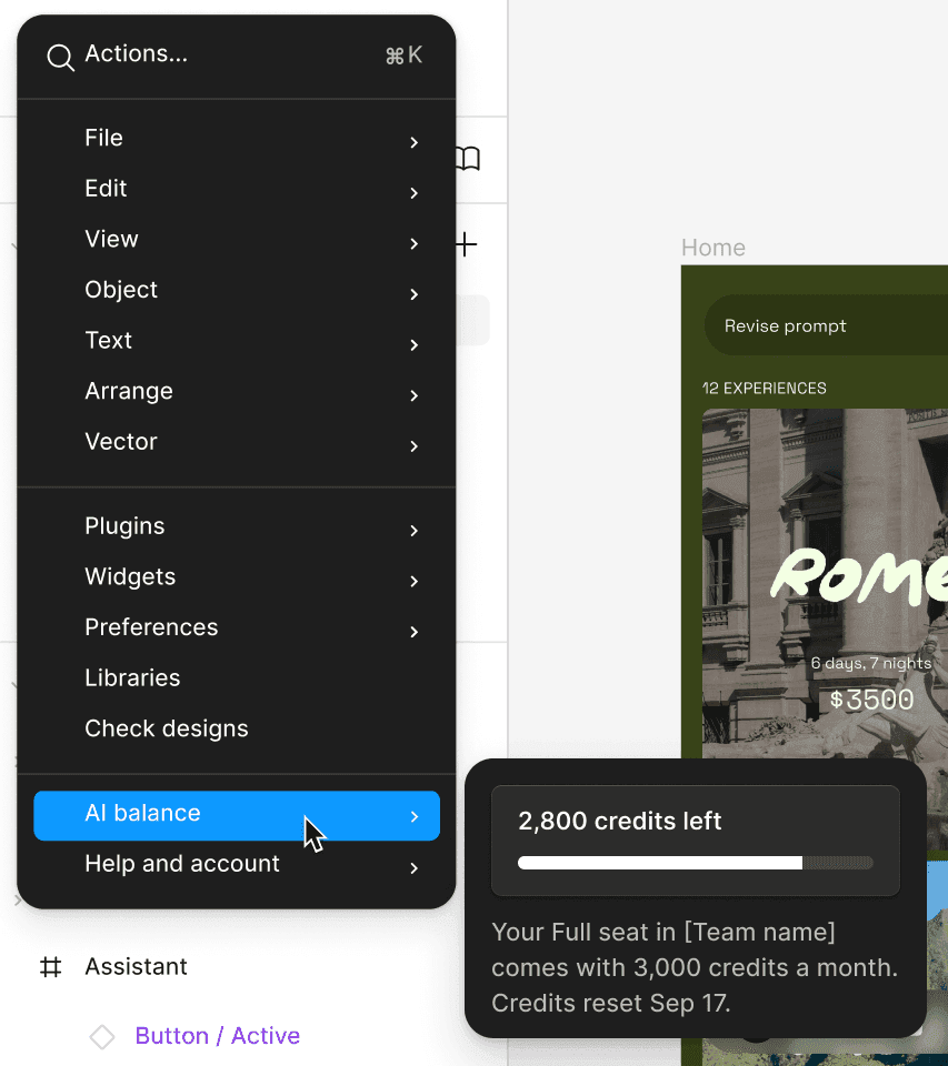 เมนูหลักของไฟล์ Figma ที่เลือก AI balance ไว้ พร้อมกล่องแสดงเครดิตที่เหลือ