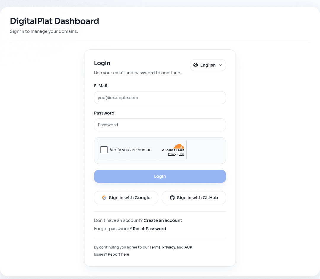 หน้าเข้าสู่ระบบของแดชบอร์ด DigitalPlat FreeDomain